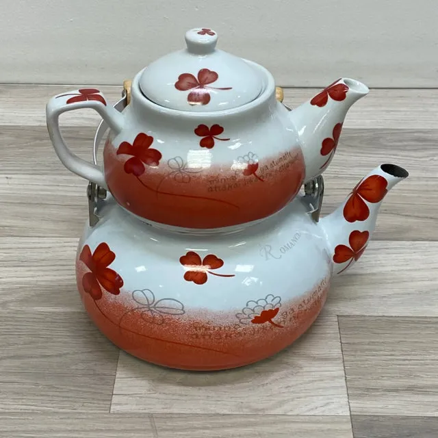 Red-White Enamel Kettle Keeps Ceramic Tea Pot Warm