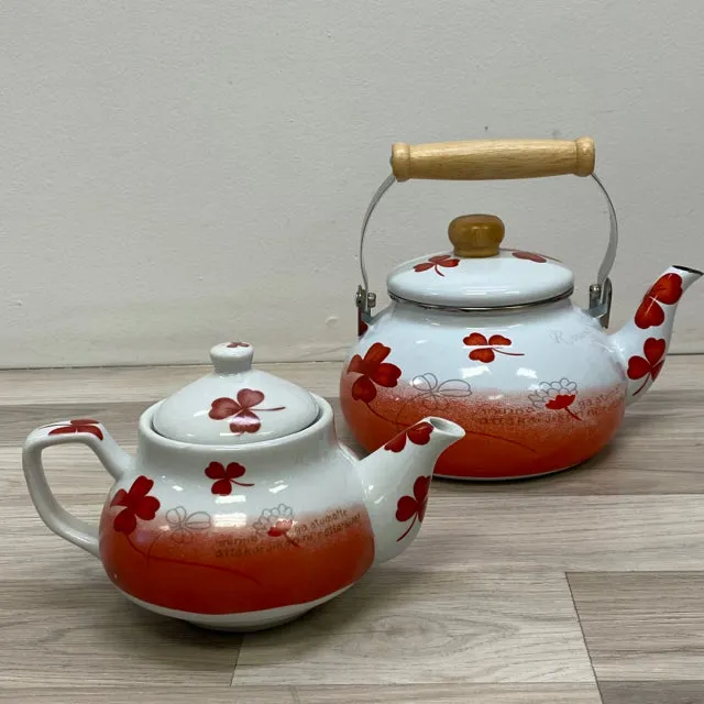 Red-White Enamel Kettle Keeps Ceramic Tea Pot Warm