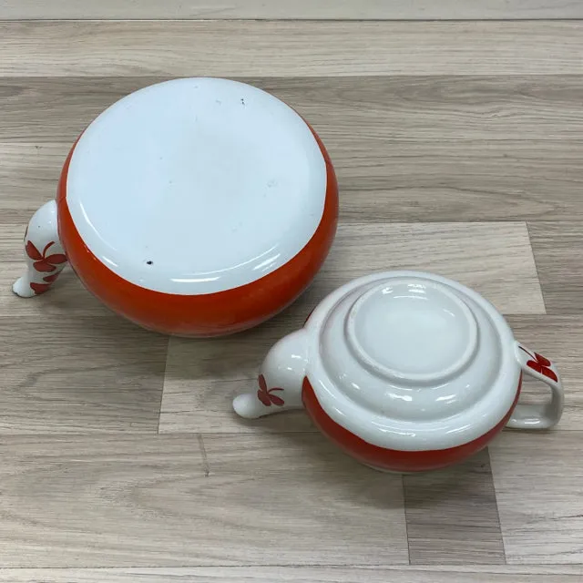 Red-White Enamel Kettle Keeps Ceramic Tea Pot Warm