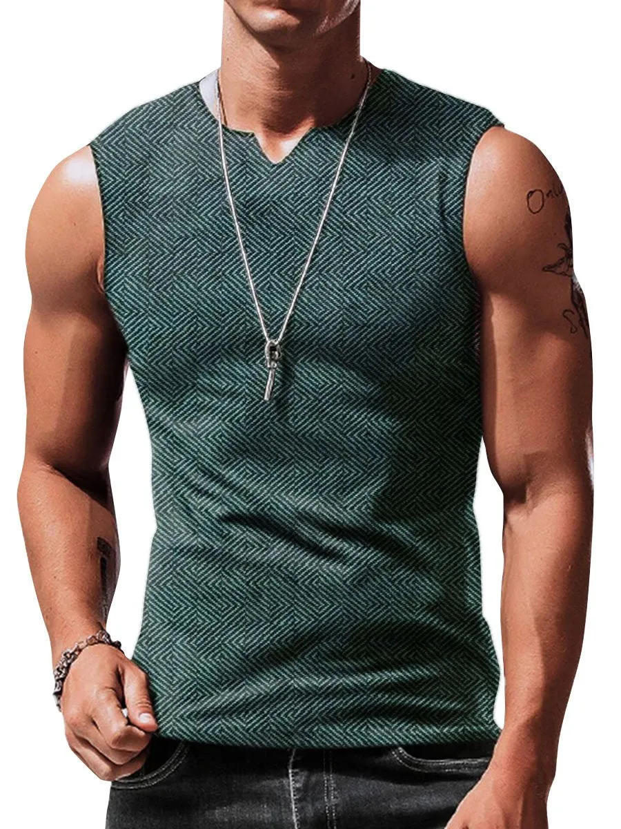 Retro Herringbone Print Casual V-Neck Sleeveless Tank Top