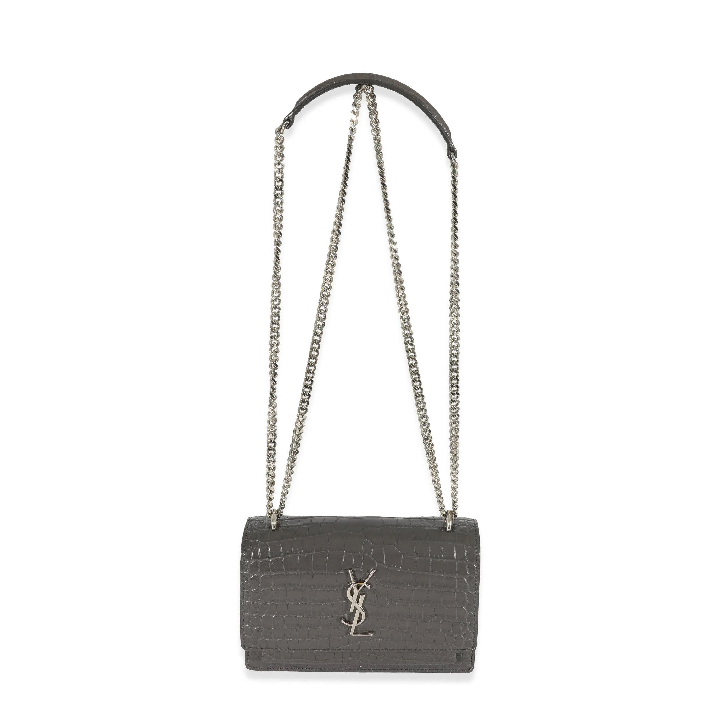 Saint Laurent Grey Croc Embossed Leather Mini Sunset Chain Bag