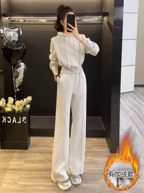 Salt style casual sports suit for women, autumn style, slimming and age-reducing short hooded sweatshirt, wide-leg pants two-pie