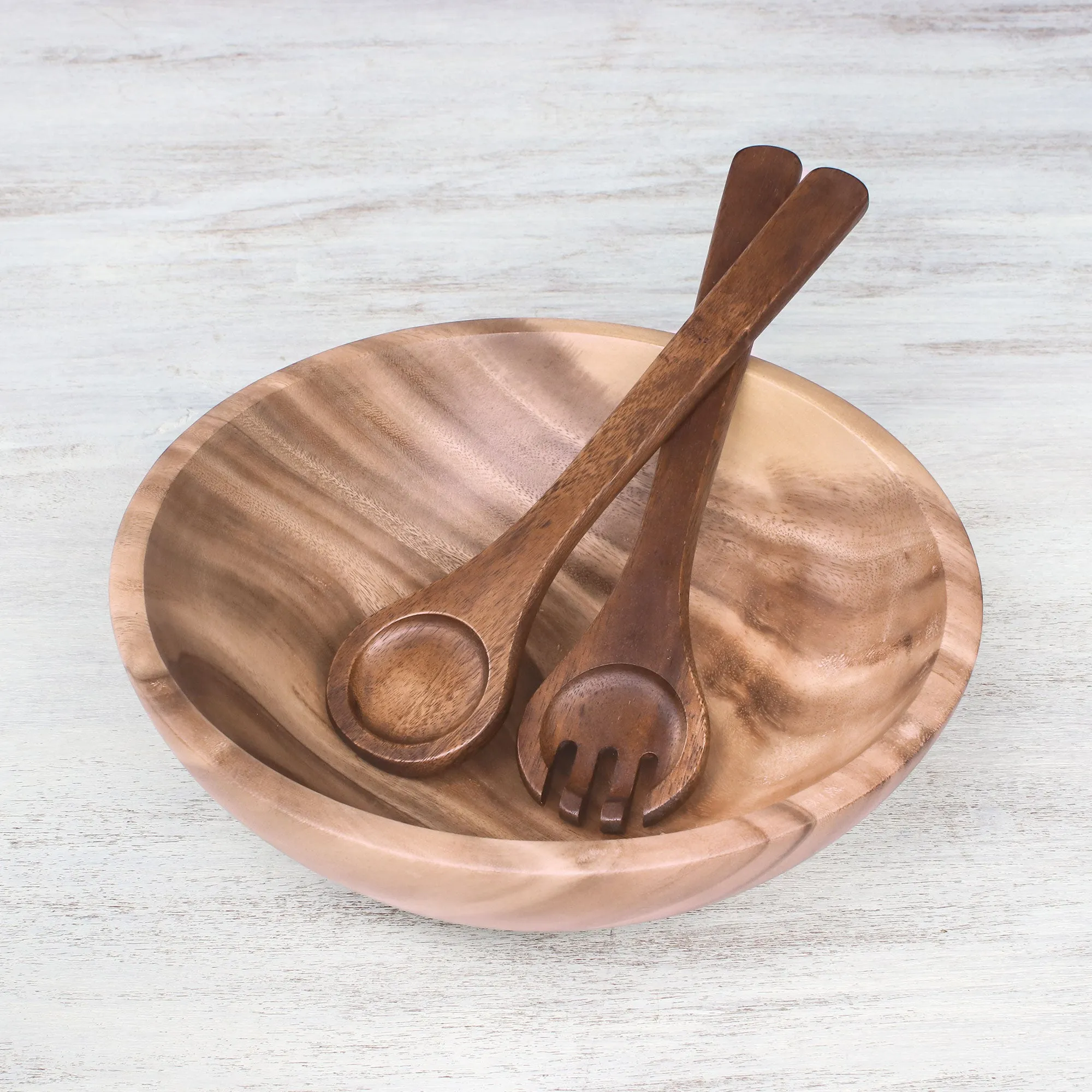 Share Handcrafted Wood Salad Bowl with Serving Spoon and Fork