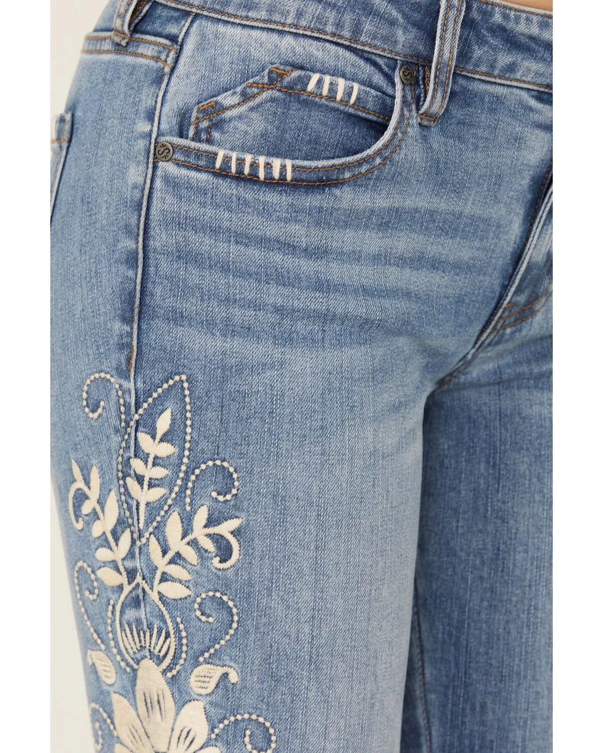 Shyanne Women's Medium Wash Delilah novelty Embroidered Mid Rise Flare Stretch Denim Jeans