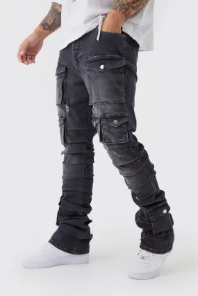 Skinny Stacked Multi Cargo Pocket Flared Jeans