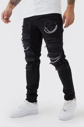 Skinny Stretch Ripped Chain Jeans