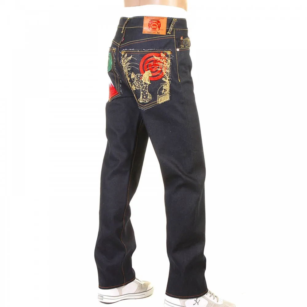 Slimmer Cut Mens Dark Indigo Raw Denim Jeans with Super Exclusive design with Japanese Art