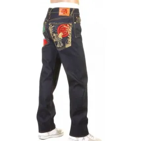 Slimmer Cut Mens Dark Indigo Raw Denim Jeans with Super Exclusive design with Japanese Art