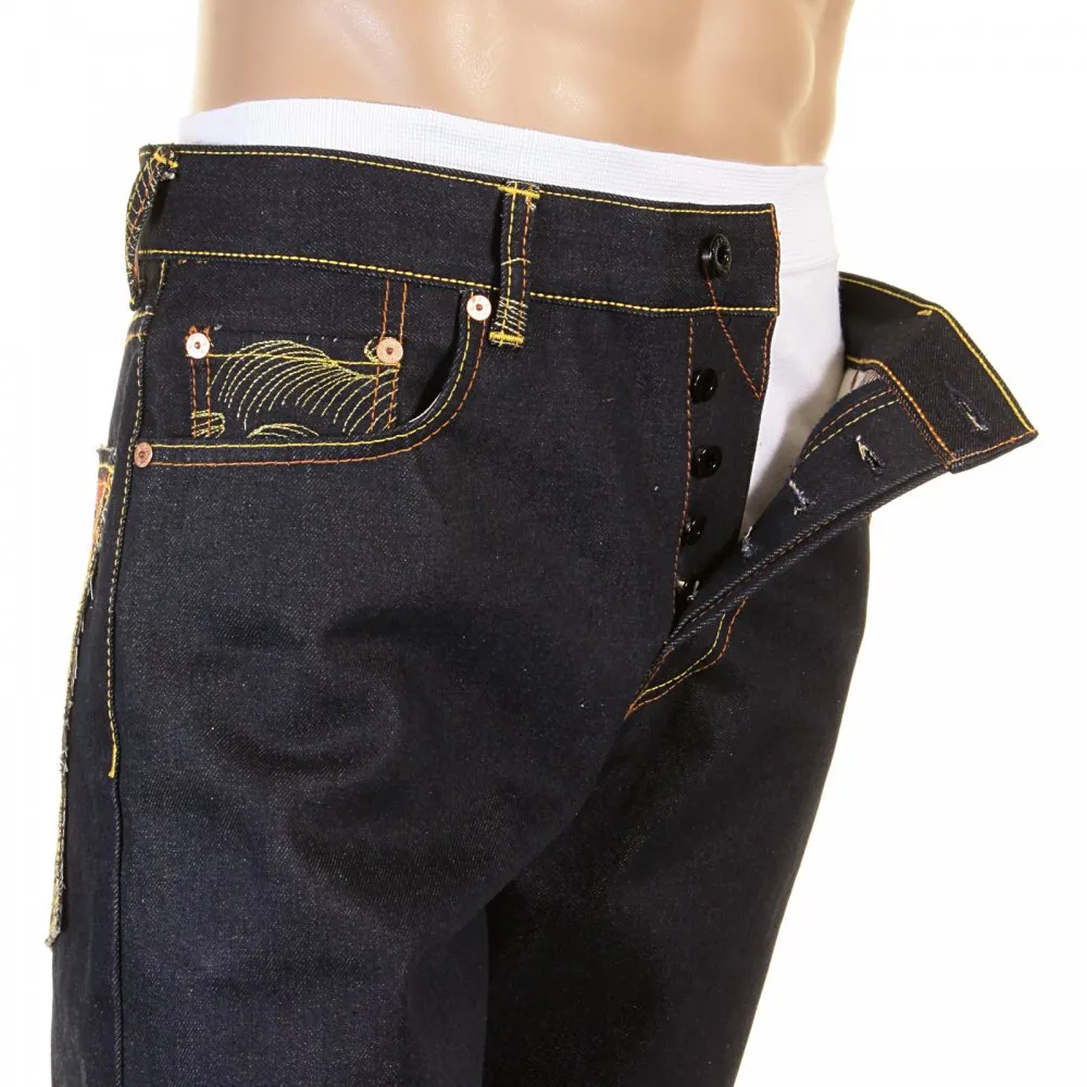 Slimmer Cut Mens Dark Indigo Raw Denim Jeans with Super Exclusive design with Japanese Art