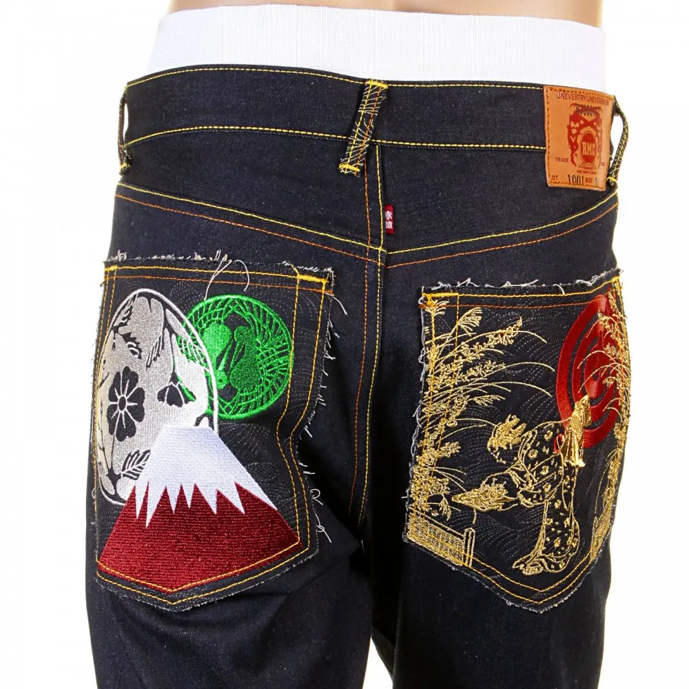 Slimmer Cut Mens Dark Indigo Raw Denim Jeans with Super Exclusive design with Japanese Art