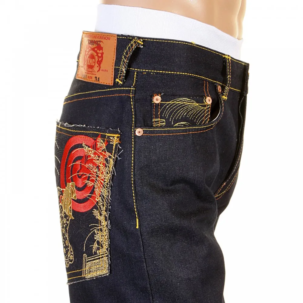 Slimmer Cut Mens Dark Indigo Raw Denim Jeans with Super Exclusive design with Japanese Art