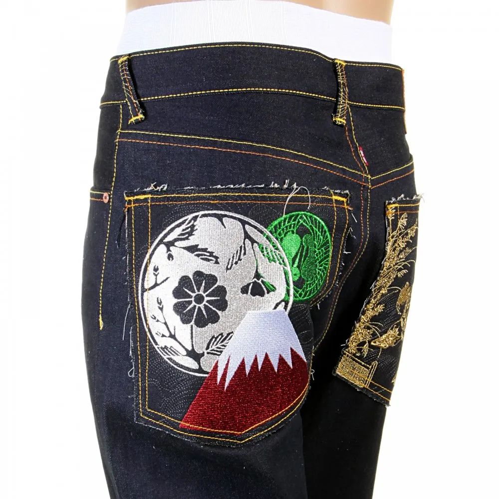 Slimmer Cut Mens Dark Indigo Raw Denim Jeans with Super Exclusive design with Japanese Art