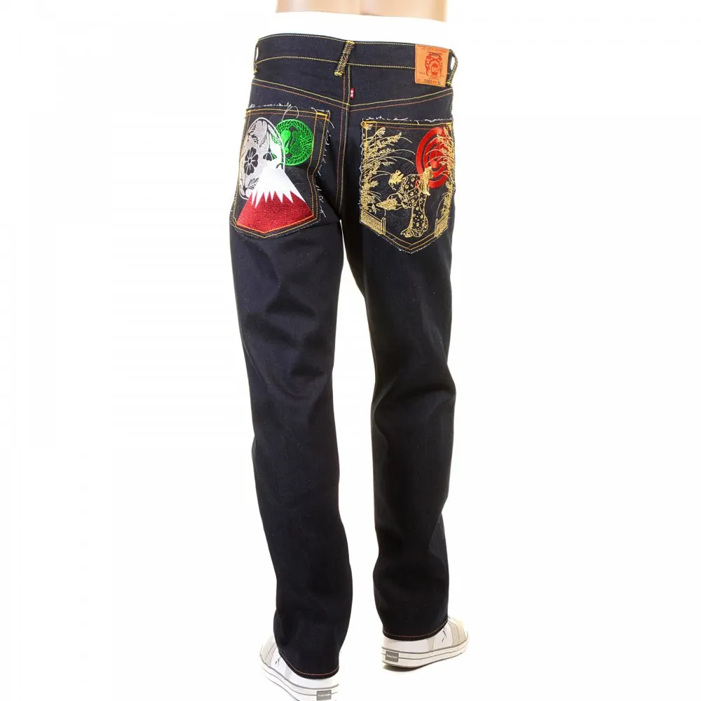 Slimmer Cut Mens Dark Indigo Raw Denim Jeans with Super Exclusive design with Japanese Art