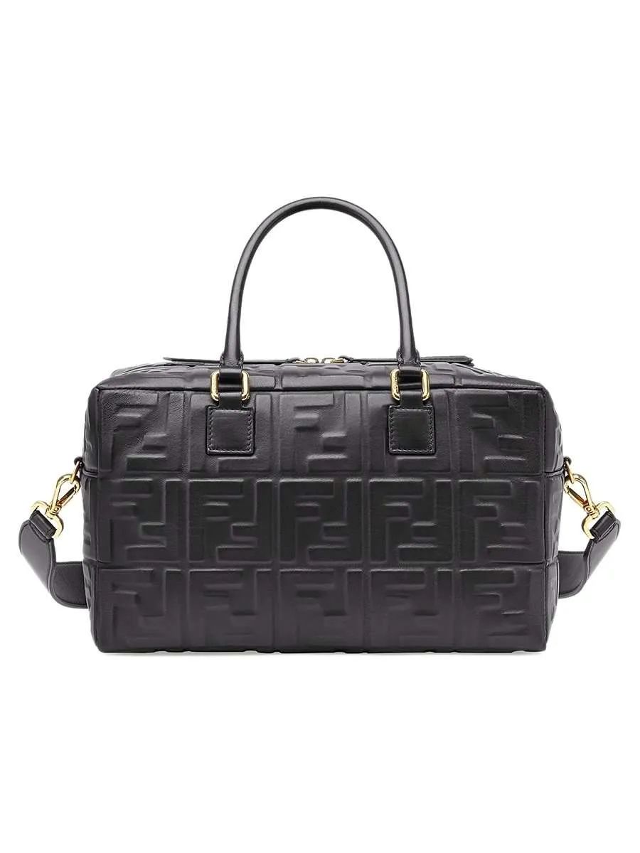 Small Boston FF Embossed Black Leather Duffle Bag