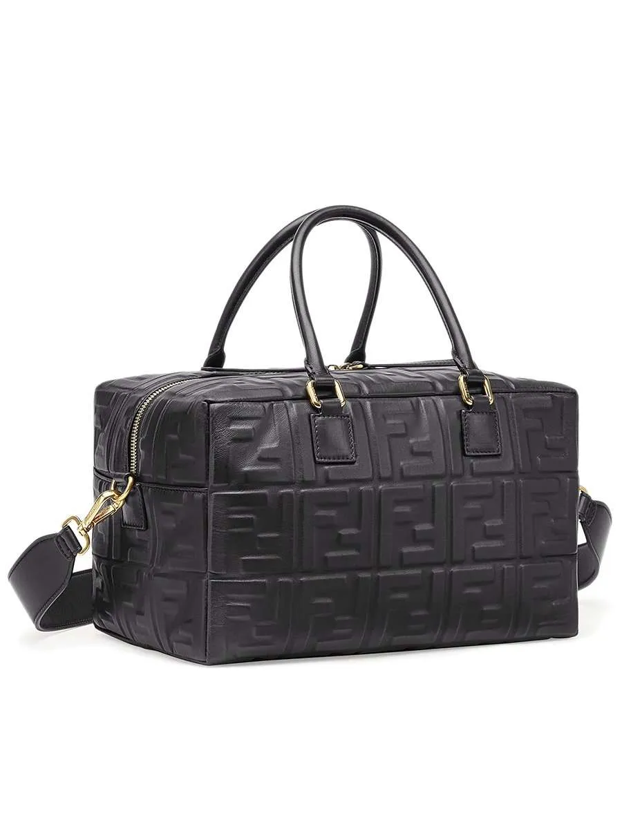 Small Boston FF Embossed Black Leather Duffle Bag