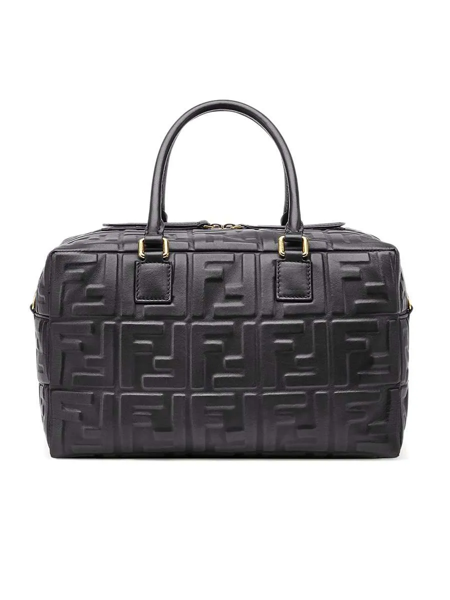 Small Boston FF Embossed Black Leather Duffle Bag