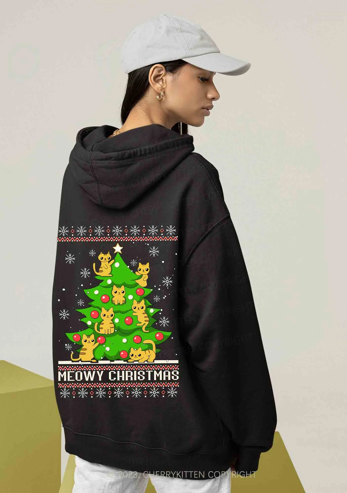 Snowflake Meowy Christmas Tree Y2K Hoodie Cherrykitten