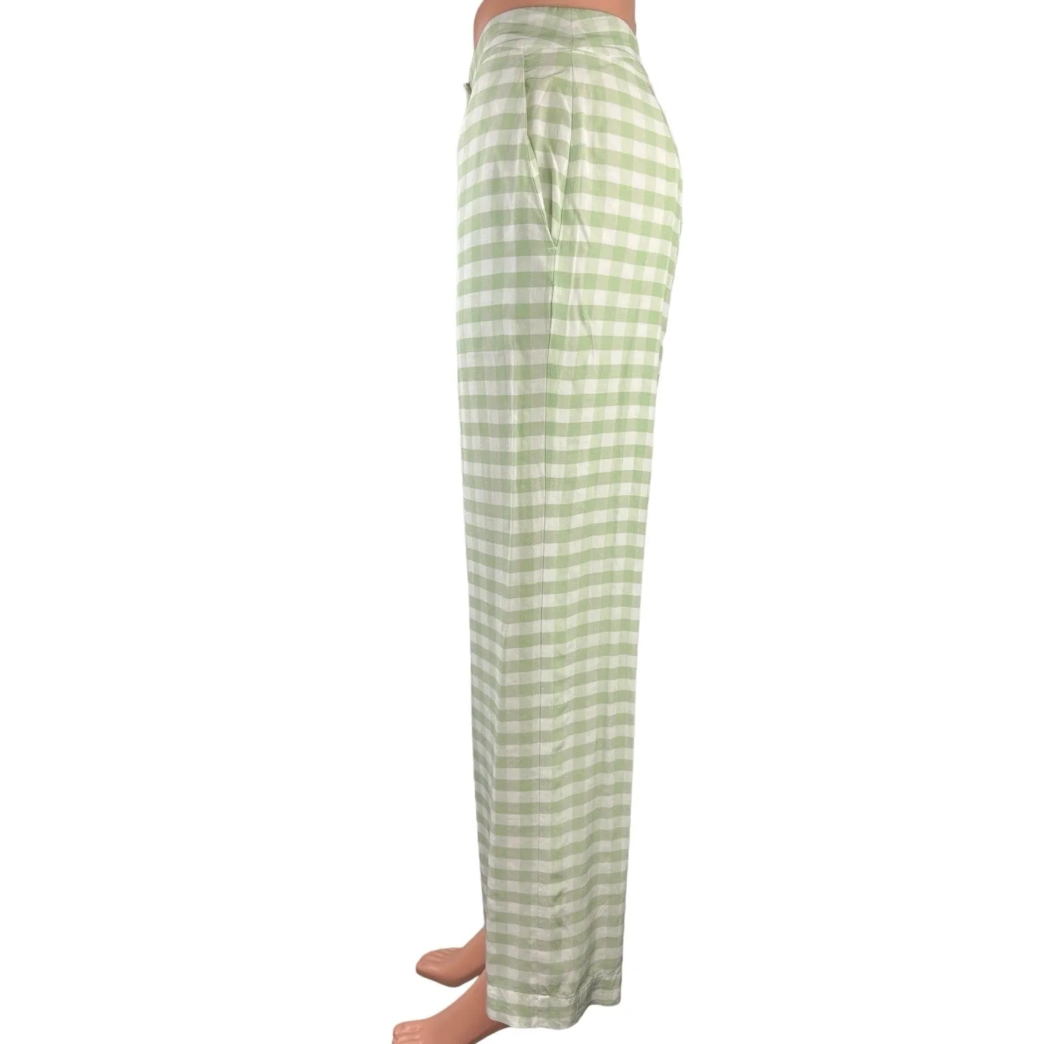 Staud Women's White/Green Gingham High Rise Stretch Wide Leg Trouser Pants Sz XS