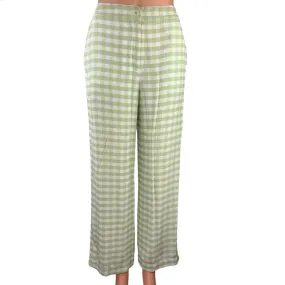 Staud Women's White/Green Gingham High Rise Stretch Wide Leg Trouser Pants Sz XS