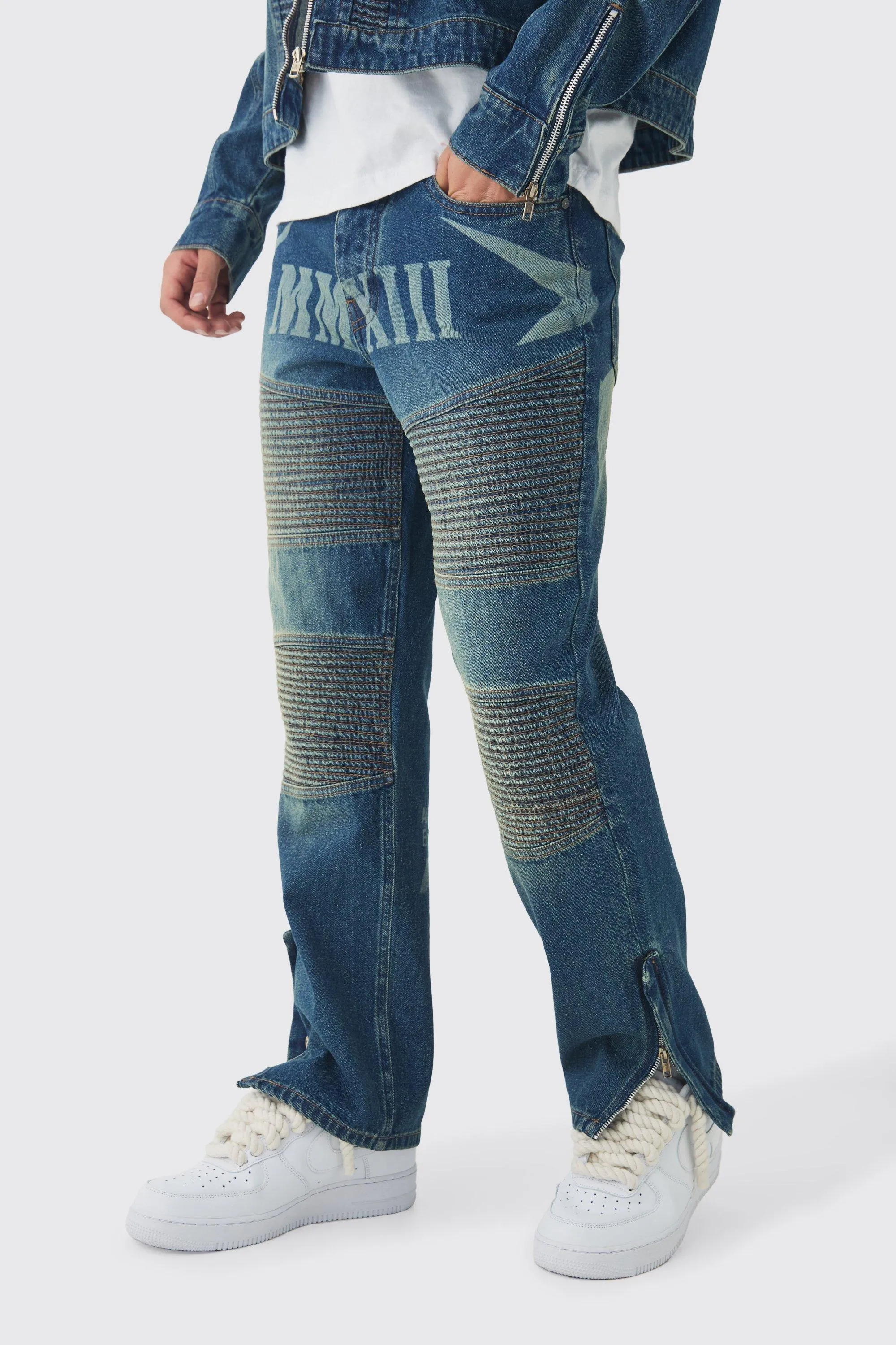 Straight Leg Moto Star Laser Print Jeans