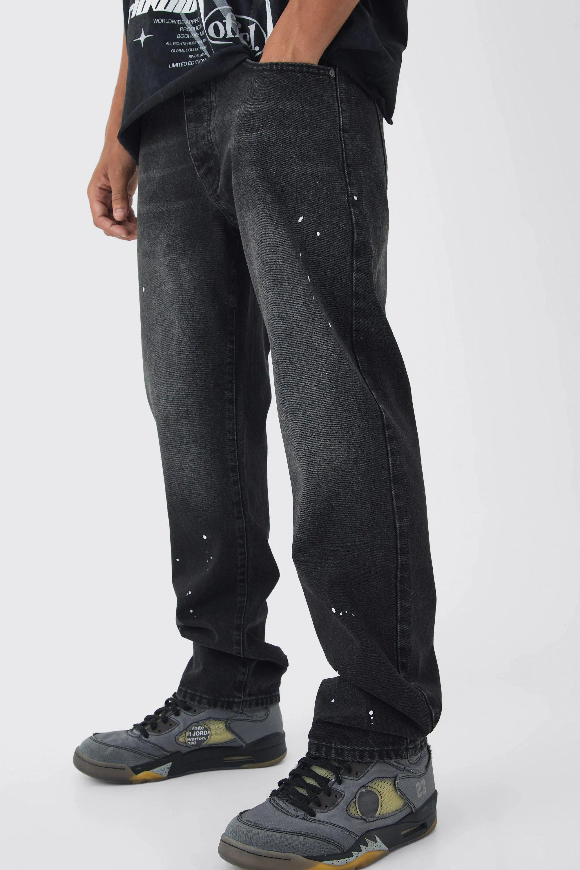 Straight Leg Paint Splatter Jeans With Tonal Embroidery