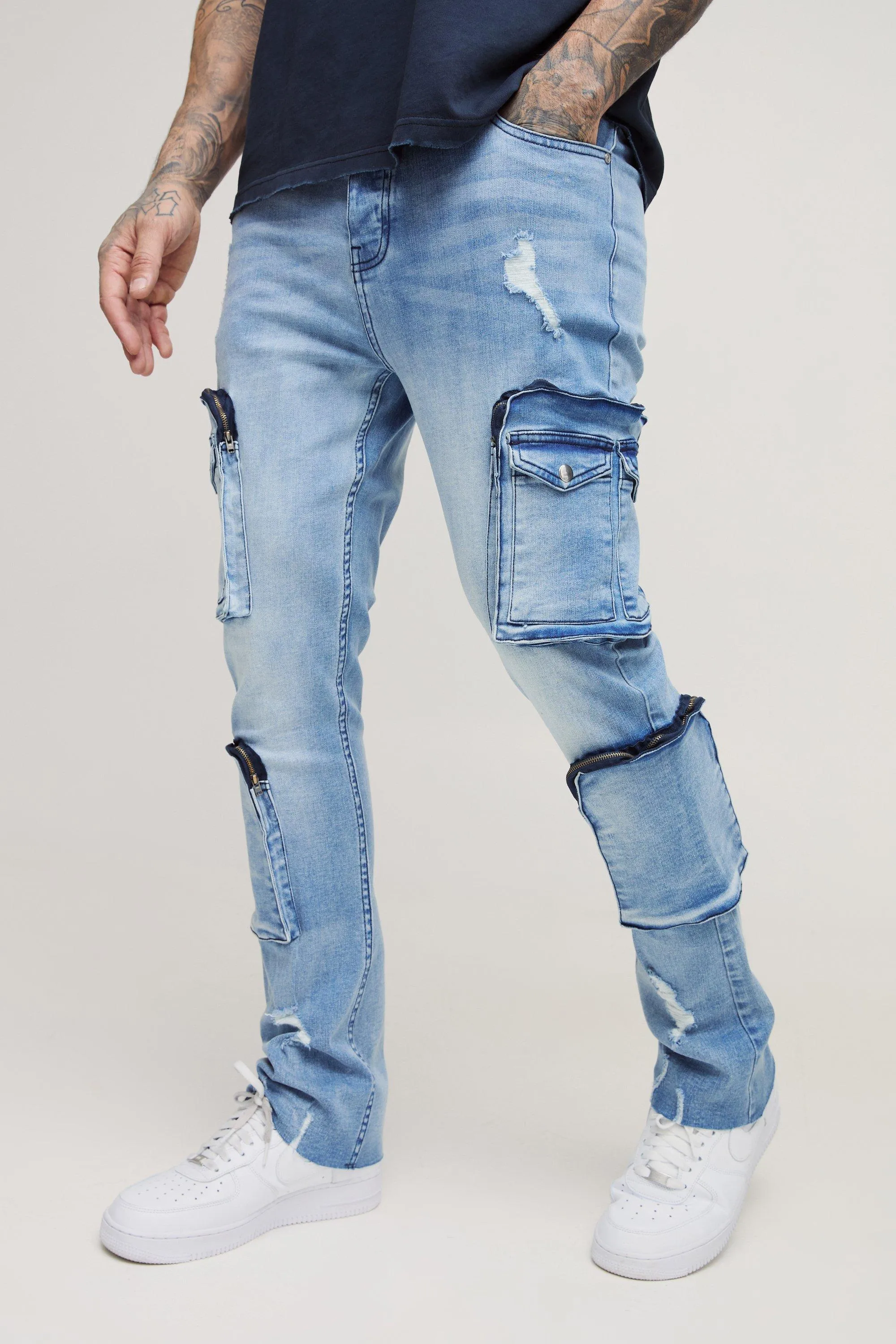 Tall Raw Seam Detail Stretch Skinny Ripped Cargo Flared Jeans