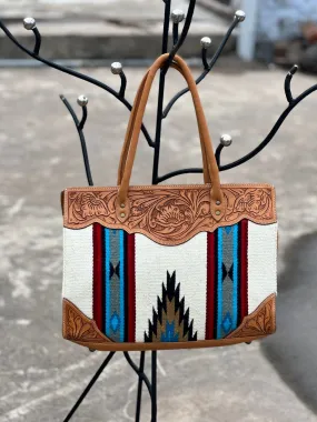 The Design Edge Tooled White Saddle Blanket Big Bag- TSB02C- Brown Tooled Leather