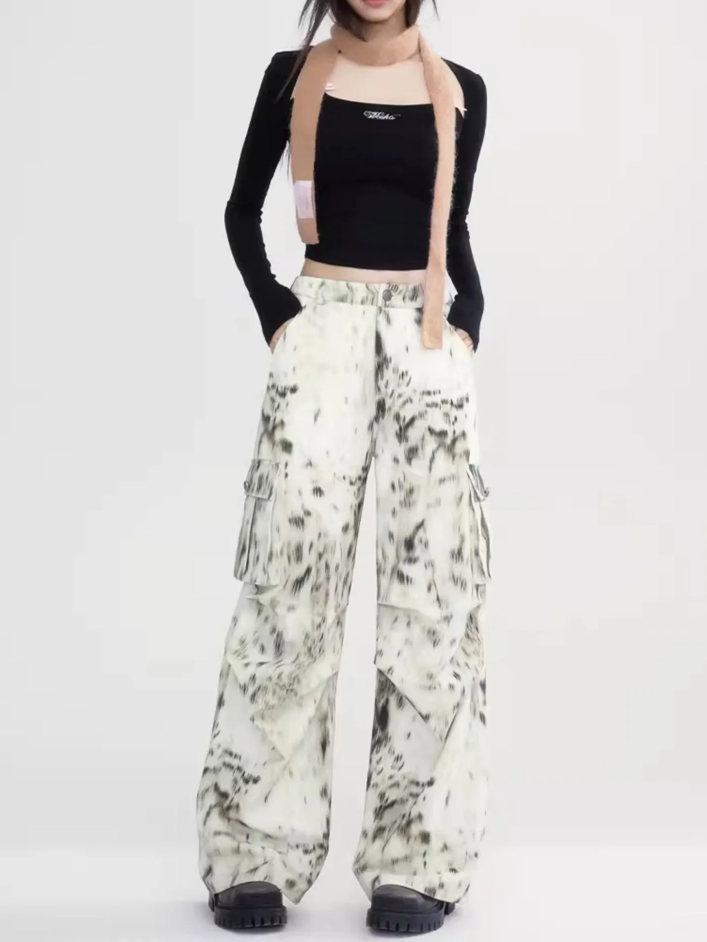 Tie-Dye Wide Side-Pocket Casual Speckled Pants