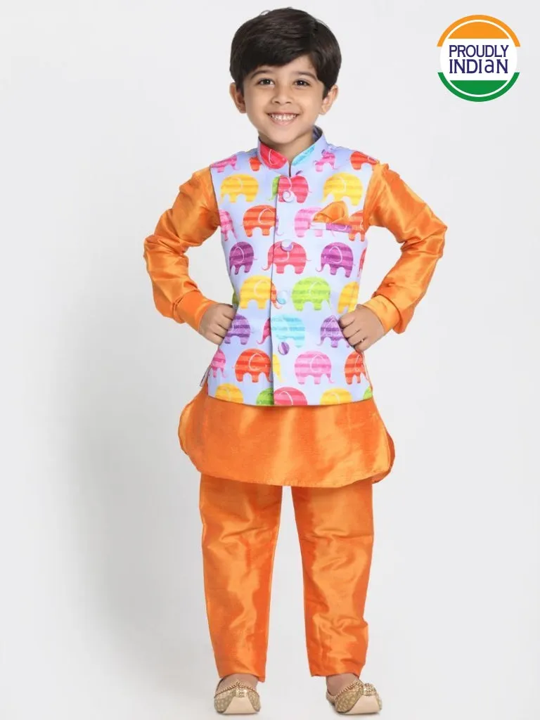 Vastramay Boys' Elephant Print Nehru Jacket, Orange Kurta And Pyjama Set