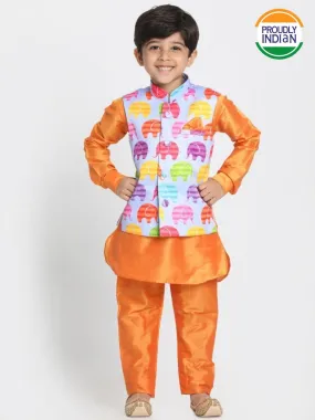 Vastramay Boys' Elephant Print Nehru Jacket, Orange Kurta And Pyjama Set