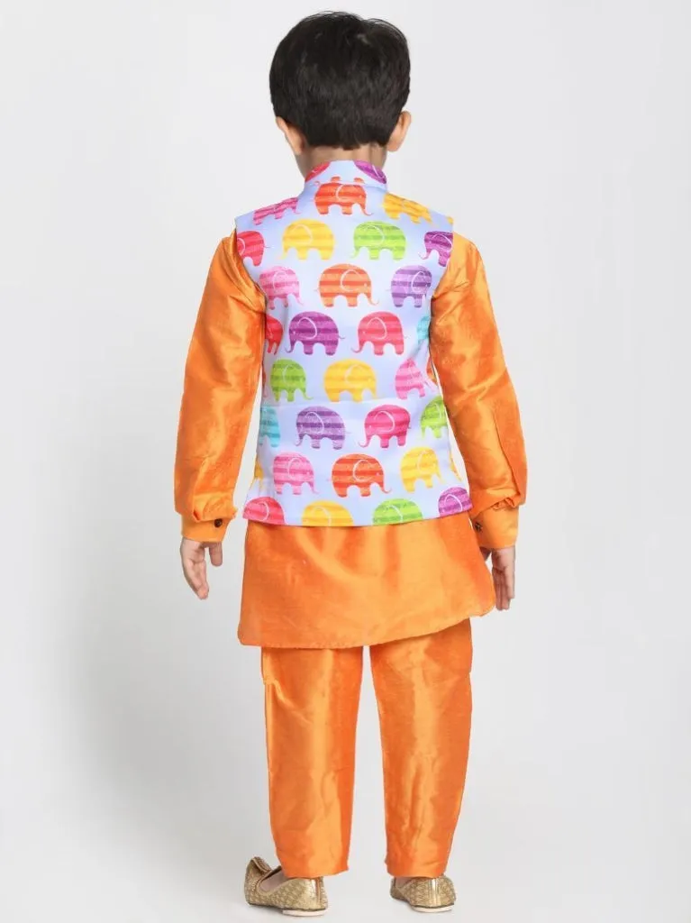 Vastramay Boys' Elephant Print Nehru Jacket, Orange Kurta And Pyjama Set