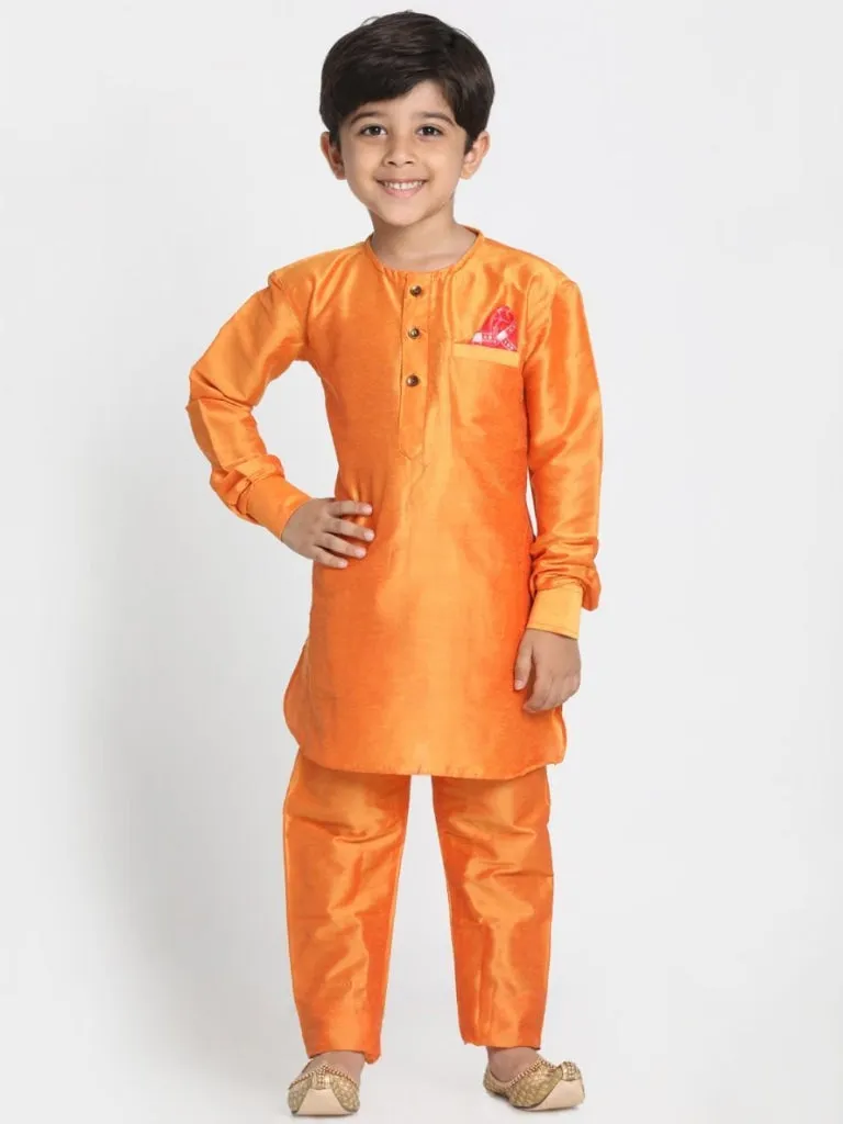 Vastramay Boys' Elephant Print Nehru Jacket, Orange Kurta And Pyjama Set