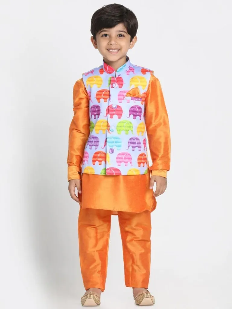 Vastramay Boys' Elephant Print Nehru Jacket, Orange Kurta And Pyjama Set