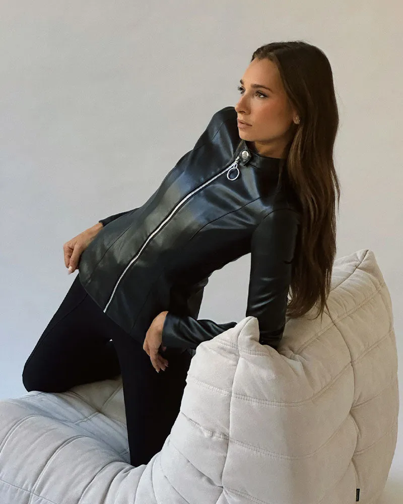 Vegan Leather Fitted Moto Jacket | Black