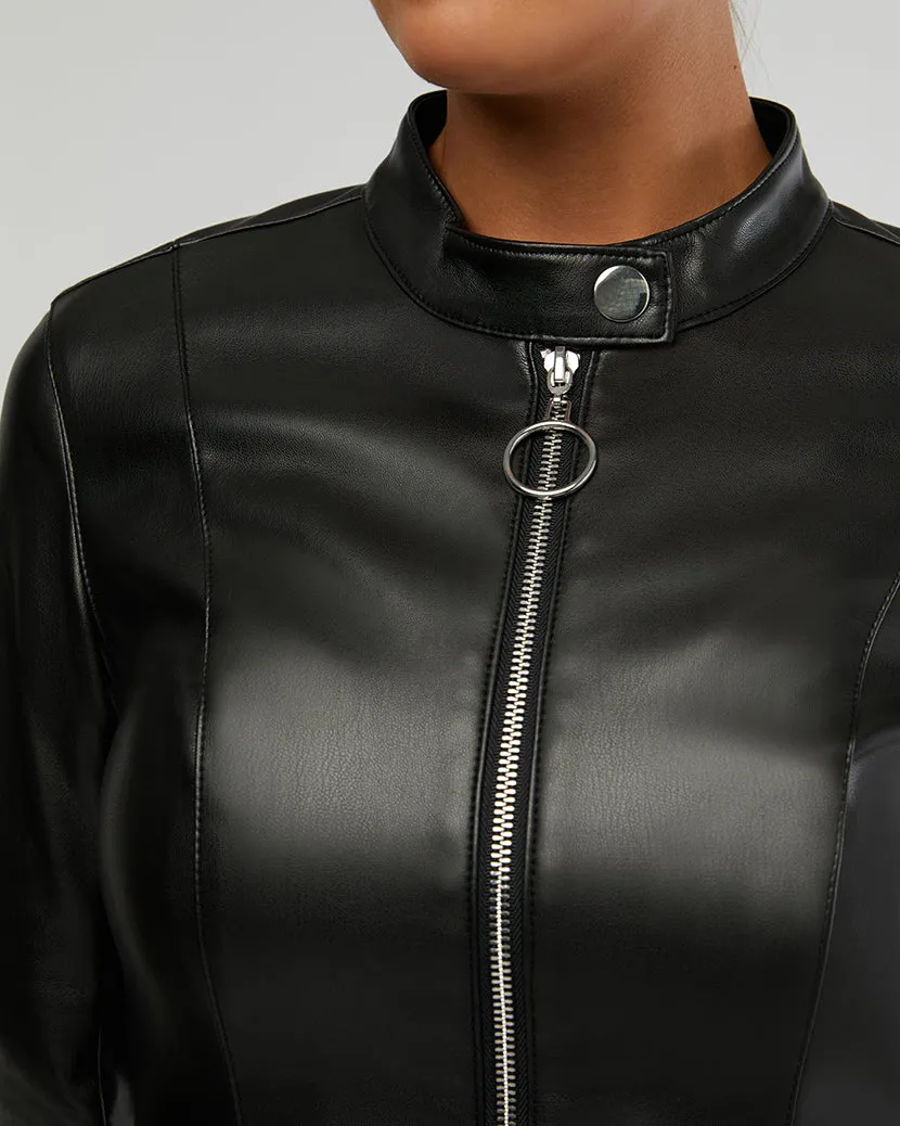 Vegan Leather Fitted Moto Jacket | Black