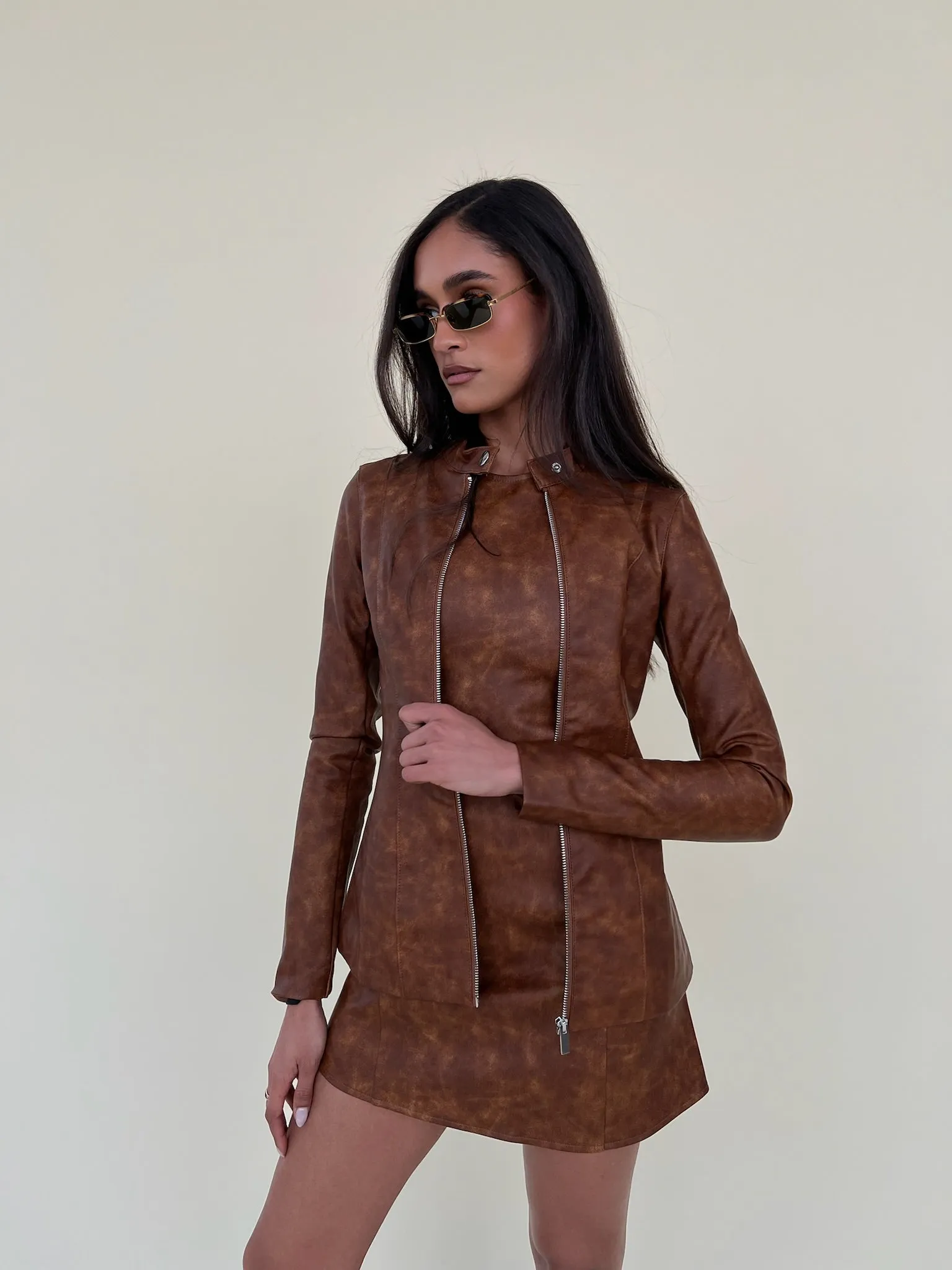 Vegan Leather Moto Jacket | Brown