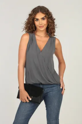 Veronica M    Cupro Sleeveless Surplice Top Charcoal