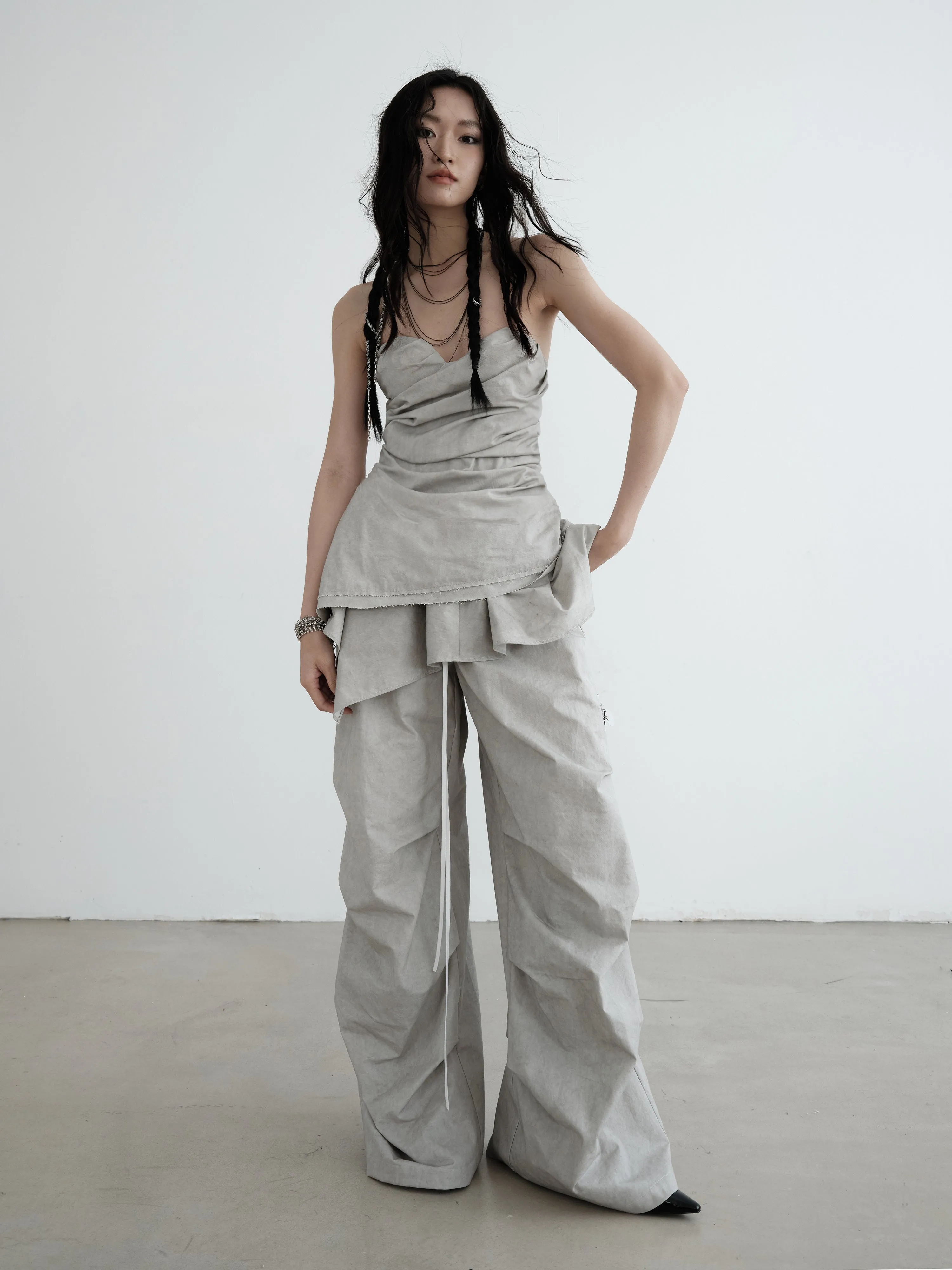 Wide-Leg Casual Pants With Detachable Lotus Skirt