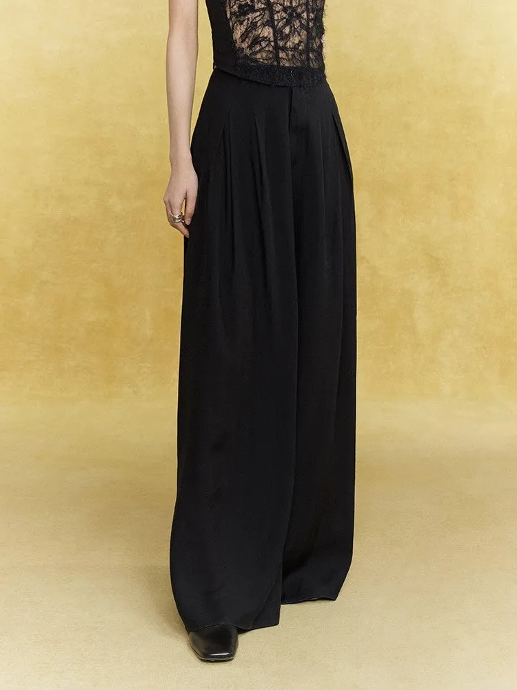 Wide-Leg Handsome Plain Straight Satin Sheer Elegant Pants