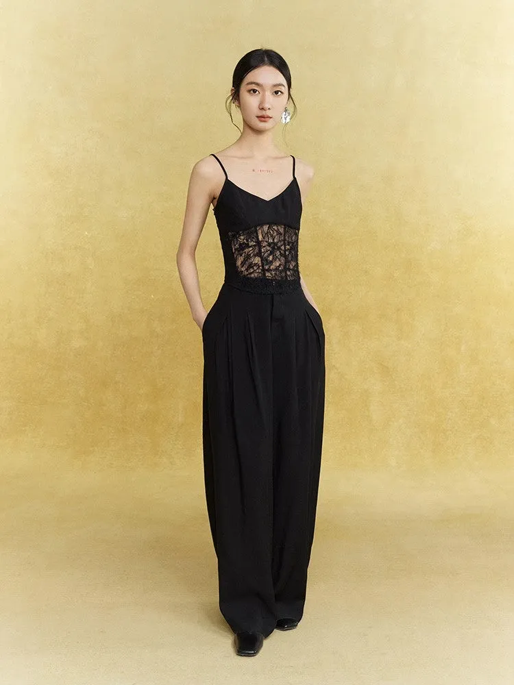 Wide-Leg Handsome Plain Straight Satin Sheer Elegant Pants