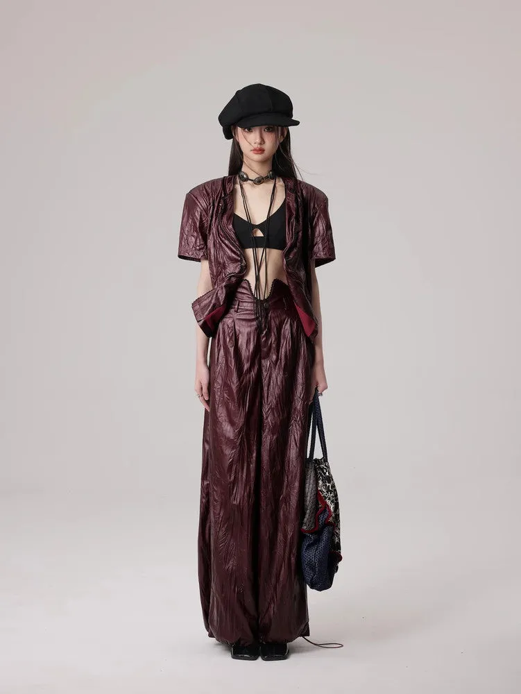 Wrinkled Leather Wide-Leg Nichi High-End Drawstring Pants