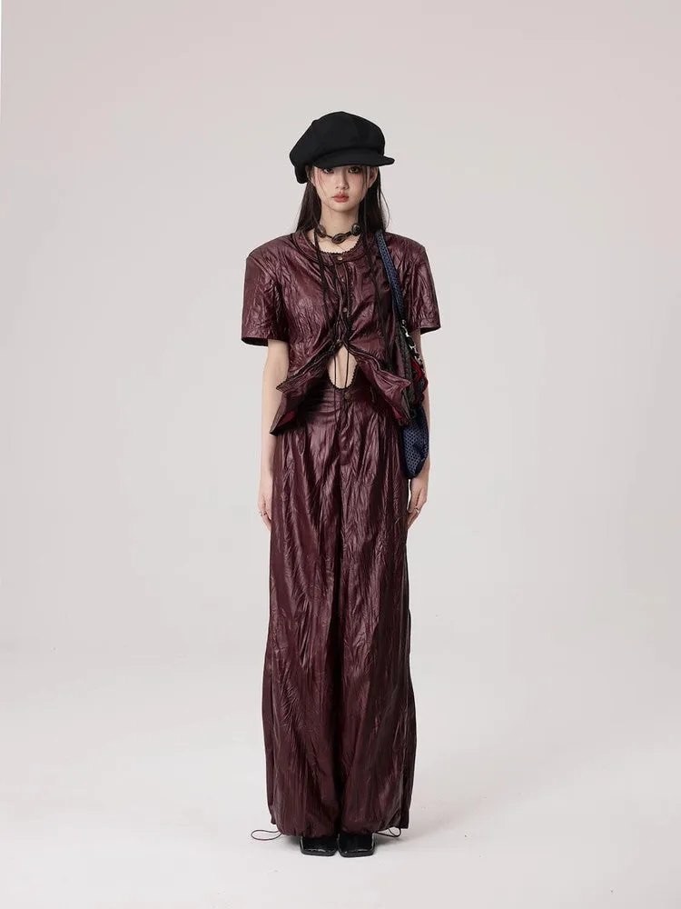 Wrinkled Leather Wide-Leg Nichi High-End Drawstring Pants