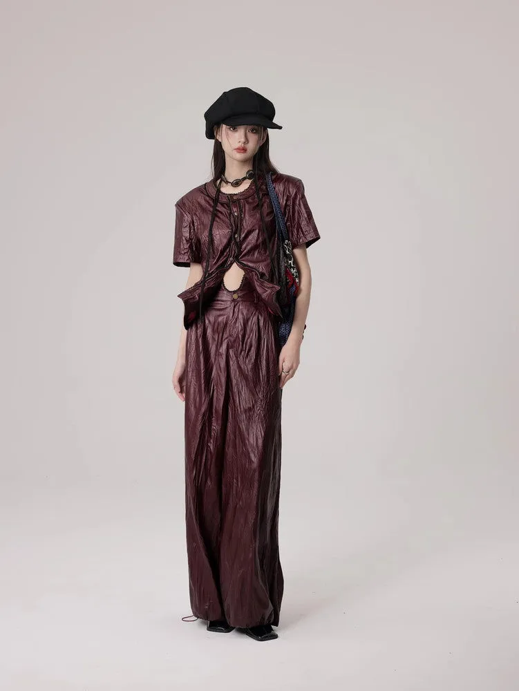 Wrinkled Leather Wide-Leg Nichi High-End Drawstring Pants