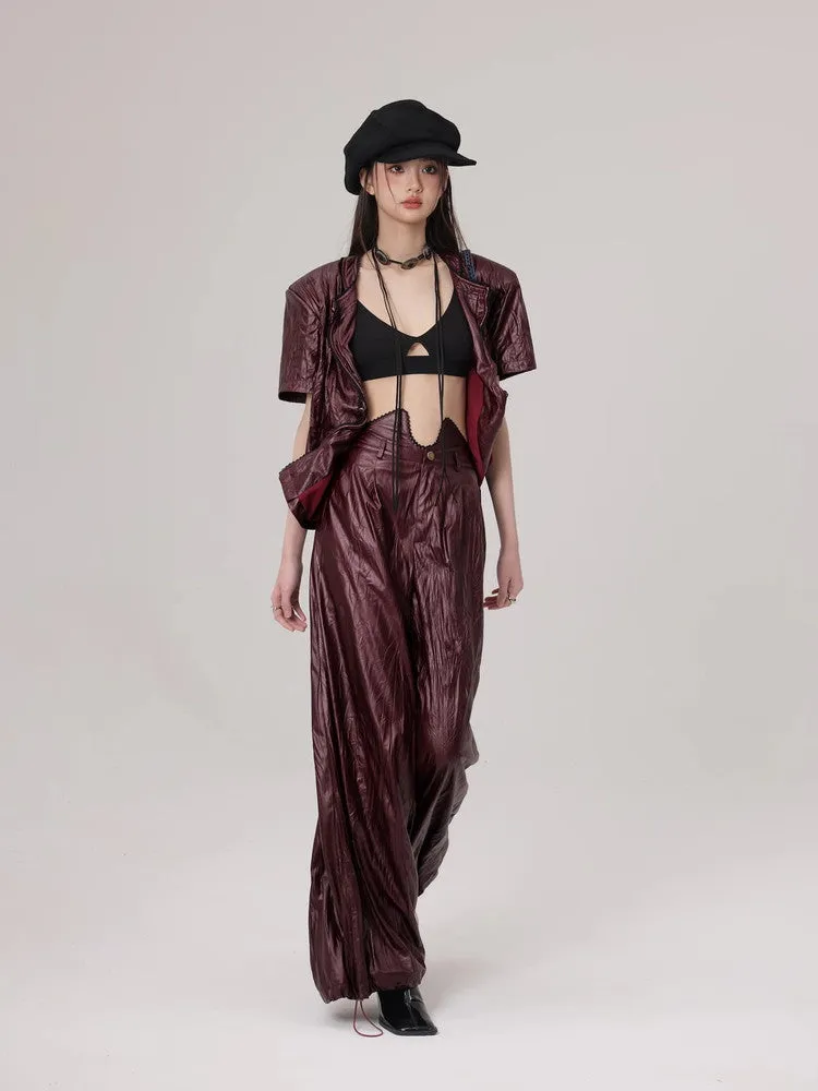 Wrinkled Leather Wide-Leg Nichi High-End Drawstring Pants