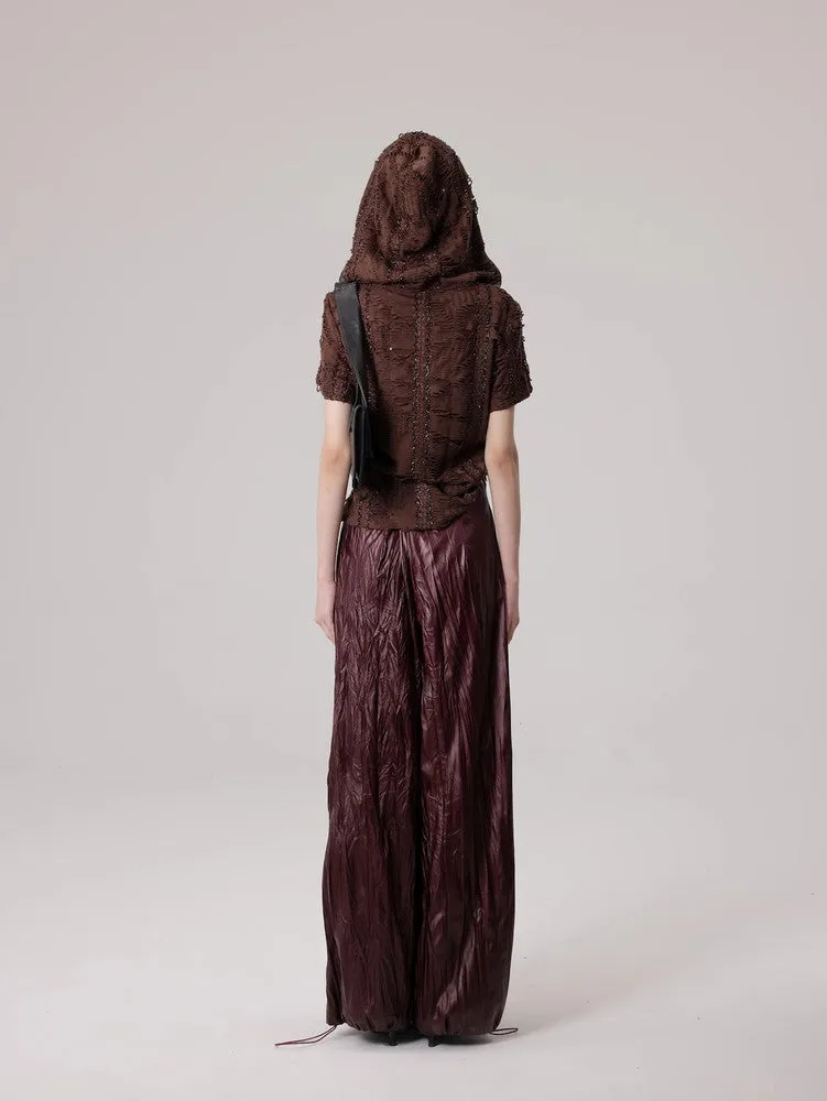 Wrinkled Leather Wide-Leg Nichi High-End Drawstring Pants