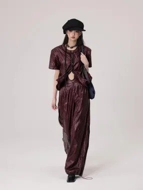 Wrinkled Leather Wide-Leg Nichi High-End Drawstring Pants