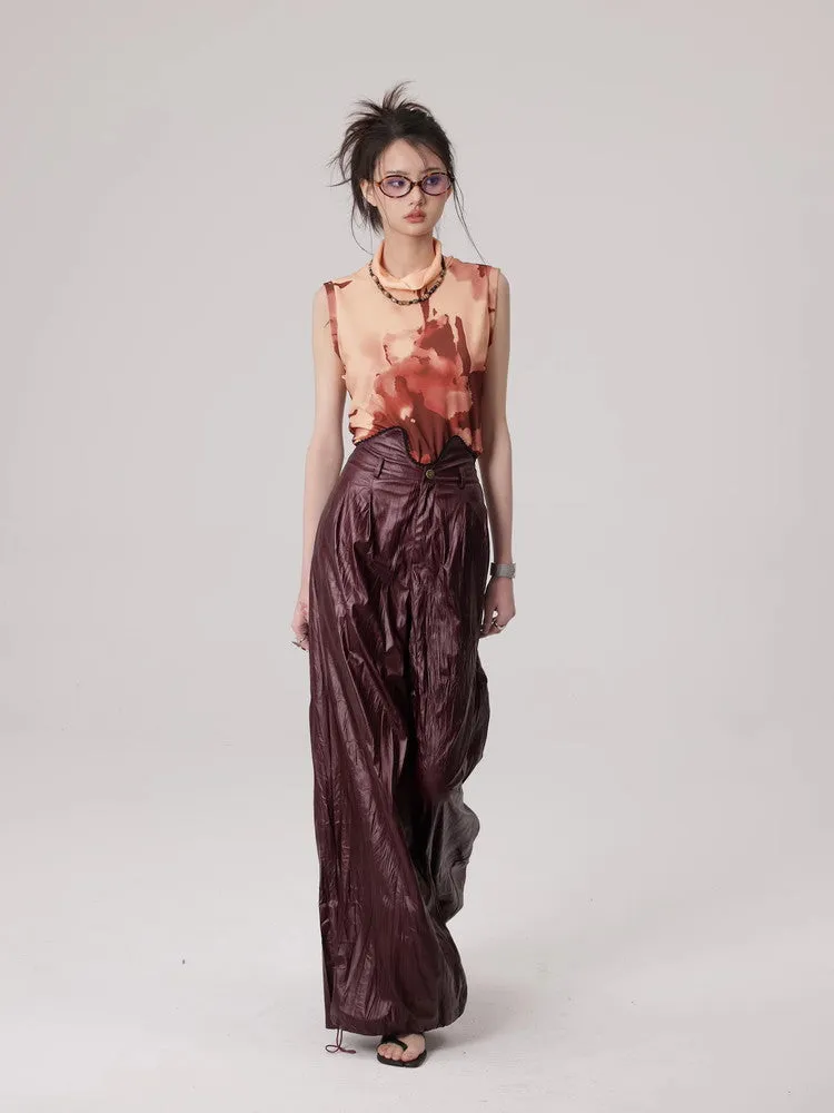 Wrinkled Leather Wide-Leg Nichi High-End Drawstring Pants