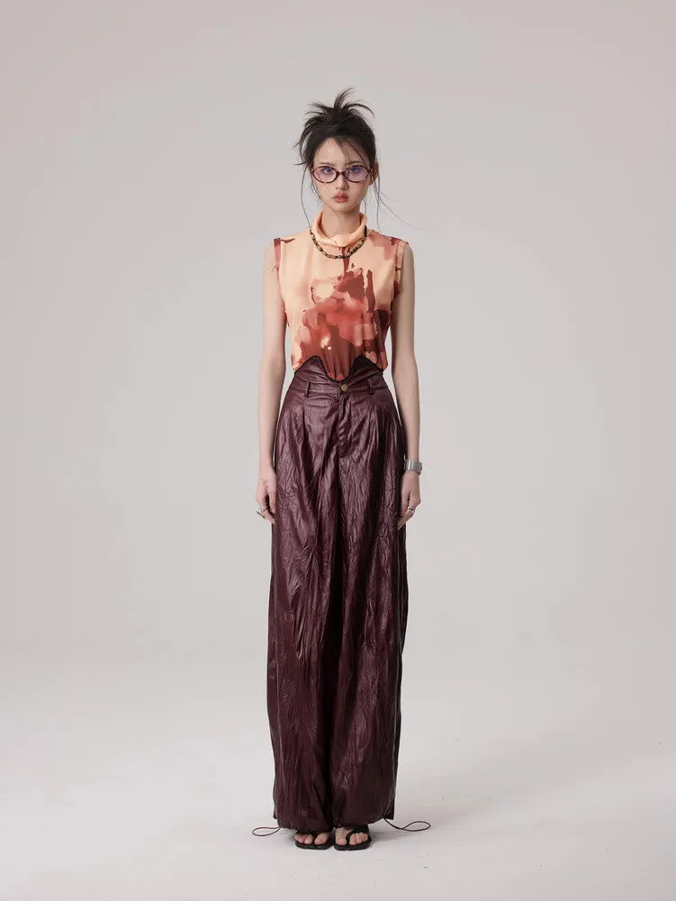 Wrinkled Leather Wide-Leg Nichi High-End Drawstring Pants