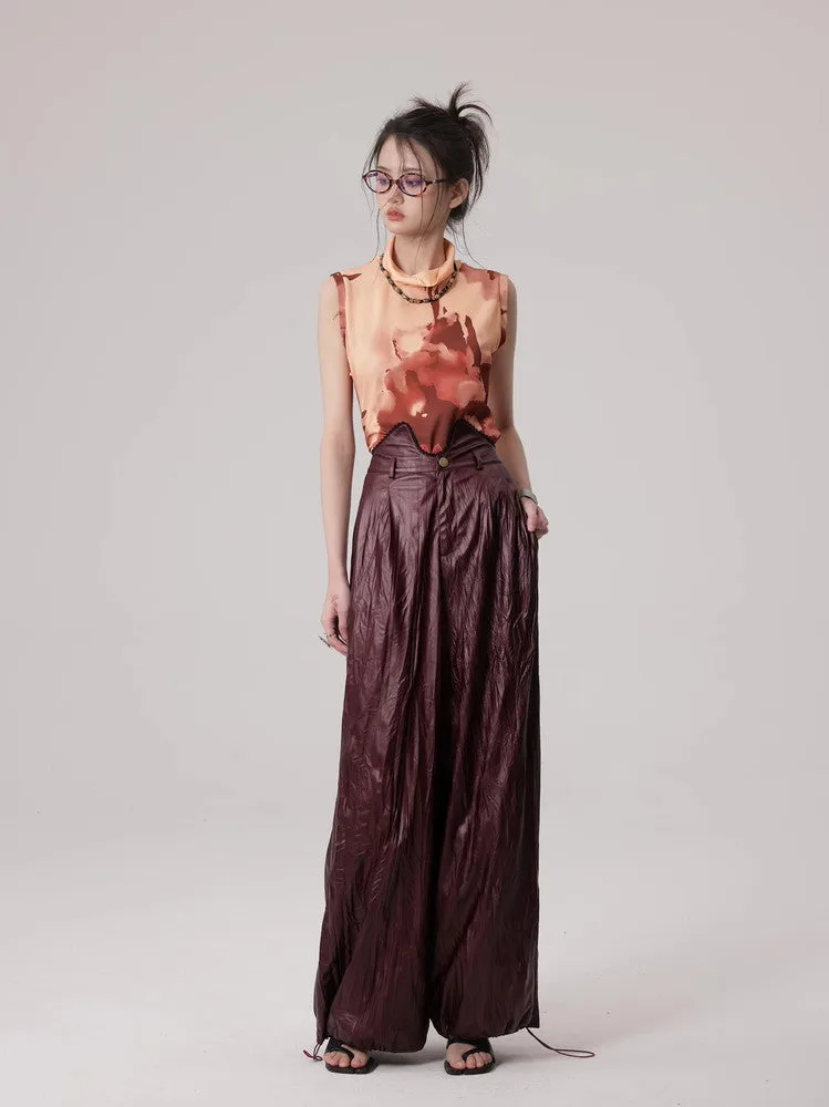 Wrinkled Leather Wide-Leg Nichi High-End Drawstring Pants