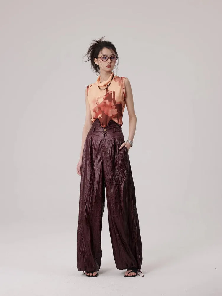 Wrinkled Leather Wide-Leg Nichi High-End Drawstring Pants